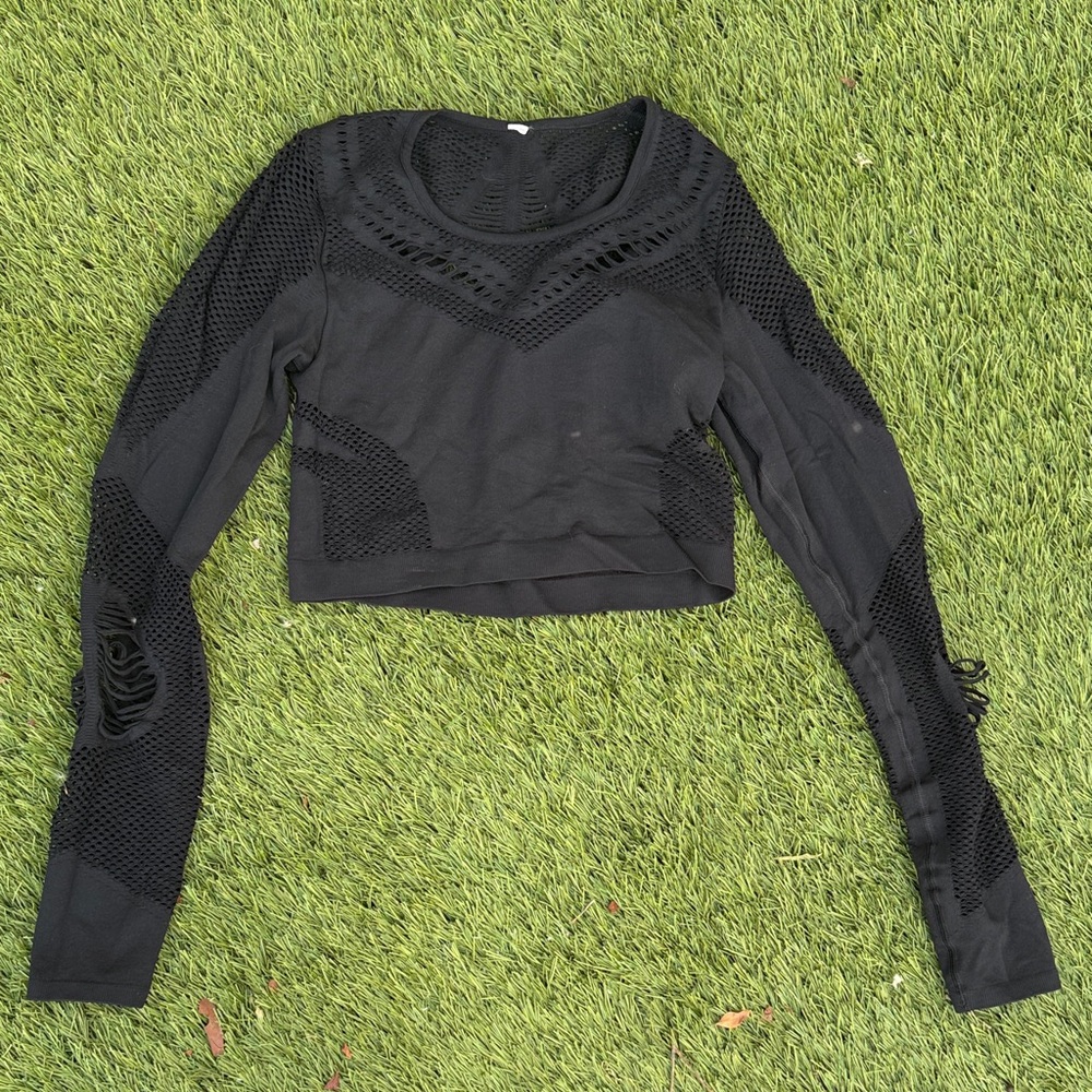 ALO Yoga Black Mesh-Panel Cropped Long Sleeve Top